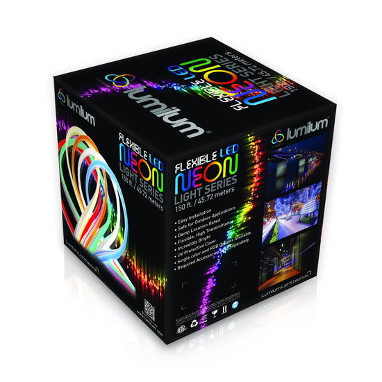 LED neon strip light packaging box with multicolor text and product image