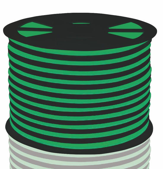 digital rendering of green neon led strip coiled on black reel