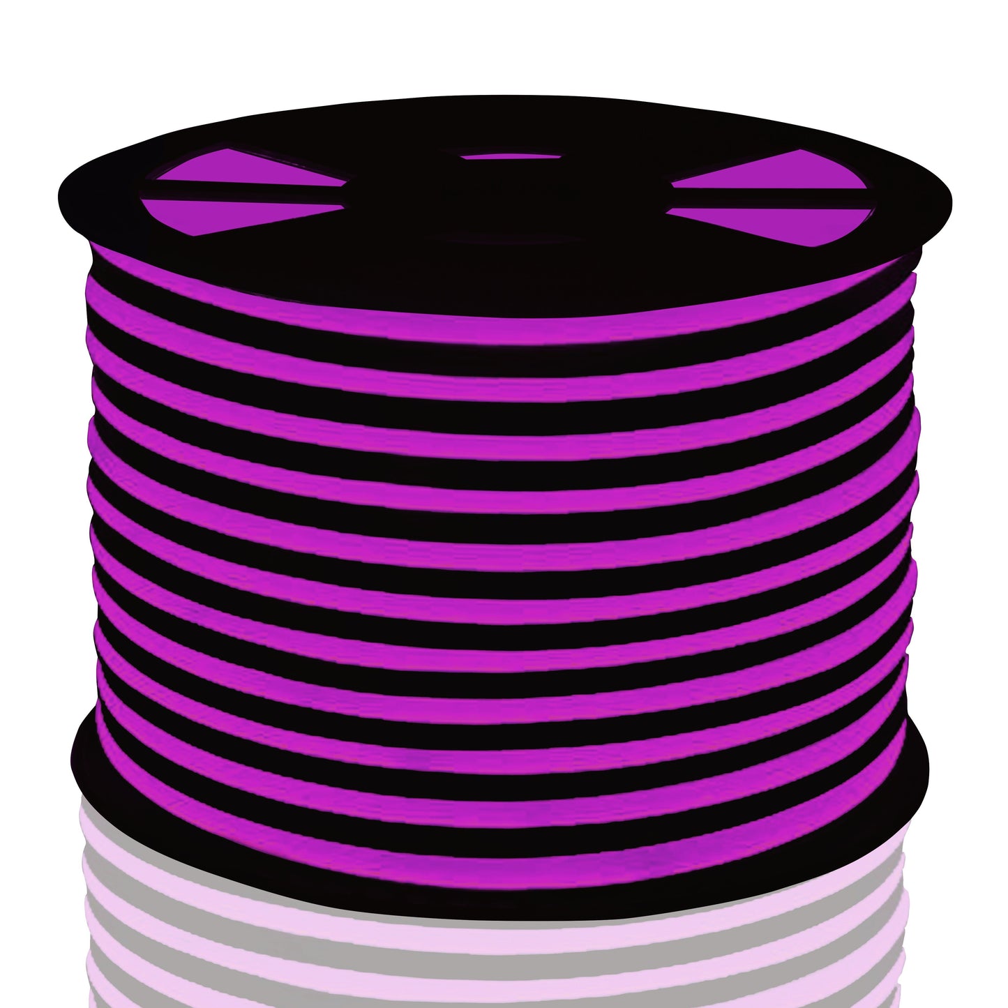 digital rendering of pink neon led strip coiled on black reel