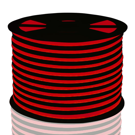 digital rendering of red neon led strip coiled on black reel