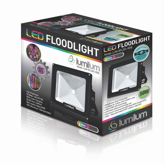 black and multicolored rgb outdoor flood lights box with flood light image on both box panels