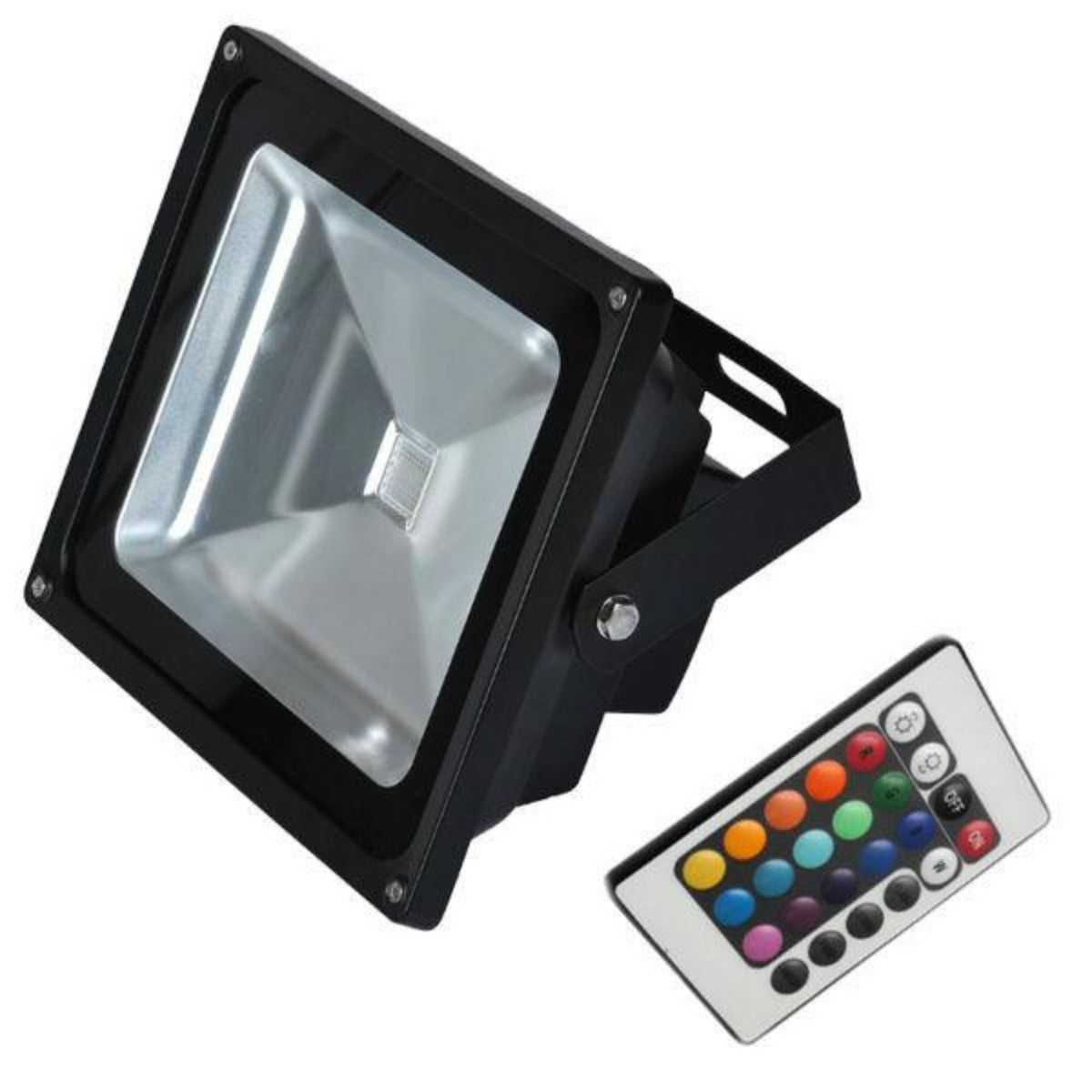 small led flood light with black and metal housing next to 24 key rgb remote